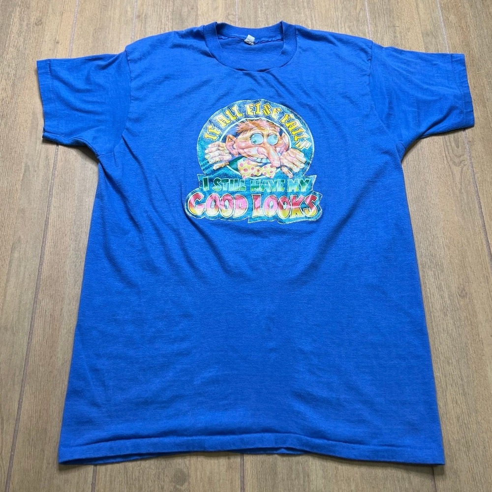 Vintage Graphic T-Shirt Mens XL Blue If All Else Fails Good Looks 80s Humor Tee